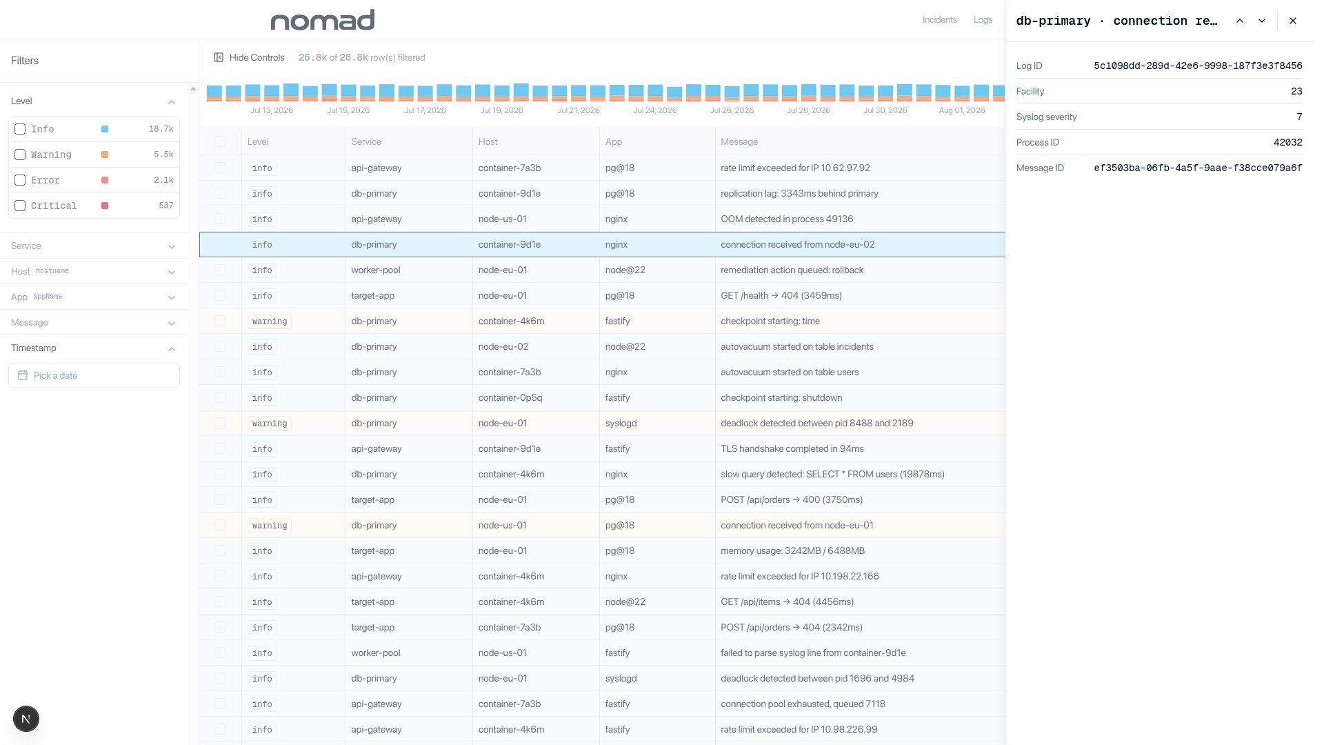 The Nomad logs view with a structured detail panel for the selected line